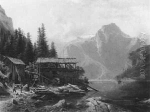 Gebirgssee Mit Sagewerk Oil Painting by Johannes-Bertholomaus Dutntze