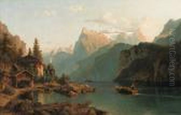 An Idyllic Landscape In Tirol Oil Painting by Johannes-Bertholomaus Dutntze