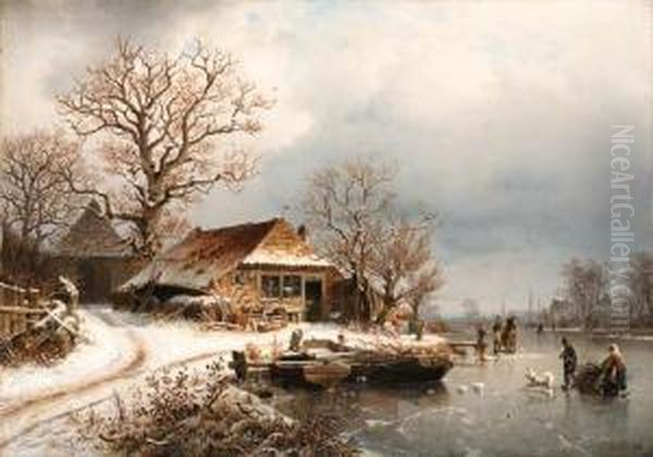 A Frozen Winter Landscape Oil Painting by Johannes-Bertholomaus Dutntze