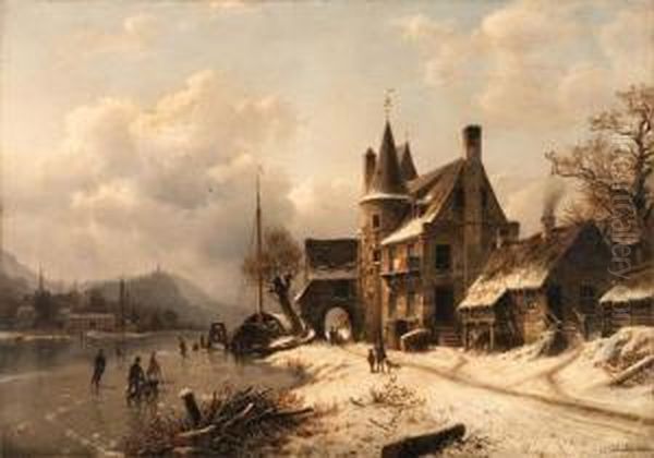 A Village In Winter By A Frozen Stream Oil Painting by Johannes-Bertholomaus Dutntze