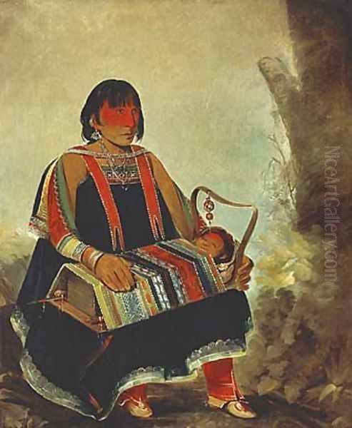 Jú-ah-kís-gaw, Woman with Her Child in a Cradle Oil Painting by George Catlin