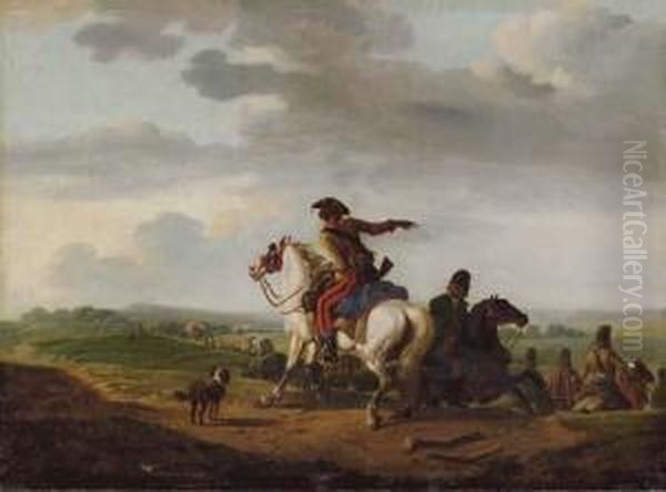 Cavalrymen Leading A Caravan Through A Landscape Oil Painting by Jean Duplessi-Bertaux