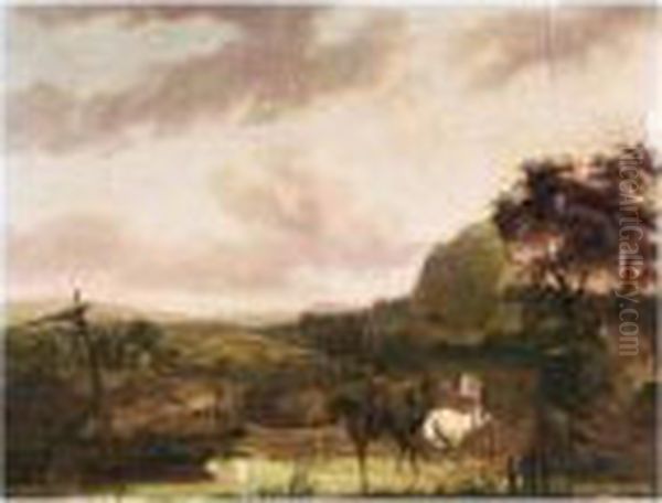 An Italianate Landscape With Horsemen On A River-bank Oil Painting by Jean Duplessi-Bertaux