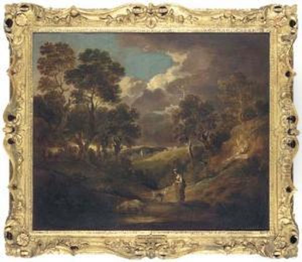 A Wooded Landscape With A Figure And Livestock By A Lake In The Foreground Oil Painting by Dupont Gainsborough