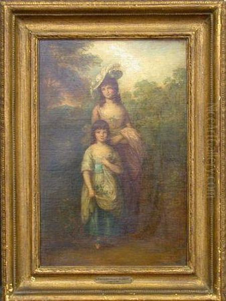 Young Woman And Girl Strolling In A Park Oil Painting by Dupont Gainsborough