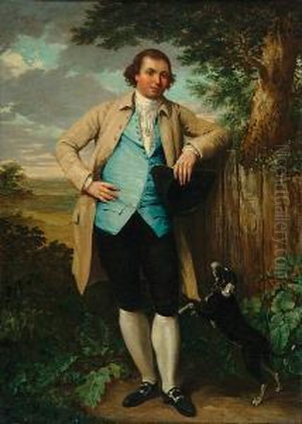 A Gentleman With His Dog In A Landscape - A Full-length Portrait Oil Painting by Dupont Gainsborough