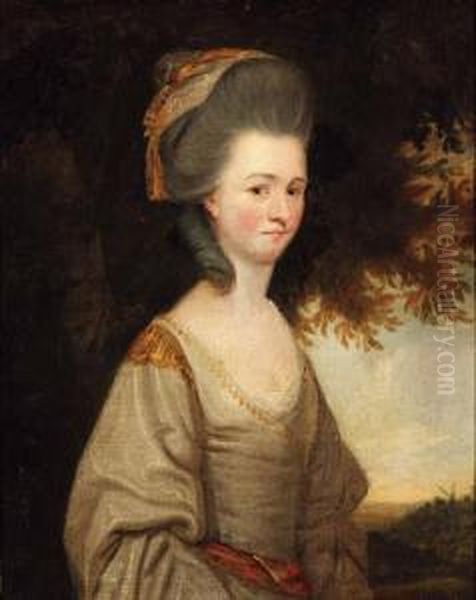 Portrait Of A Lady, Small 
Half-length, In A White Dress With Goldtrim, In A Landscape; And 
Portrait Of A Gentleman, Smallhalf-length, In A Green Coat And Yellow 
Waistcoat, In Alandscape Oil Painting by Dupont Gainsborough