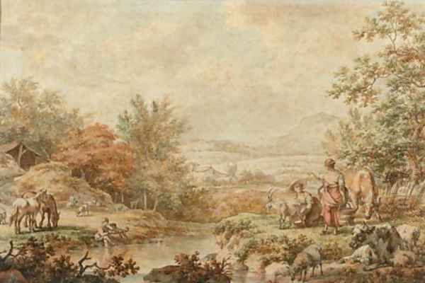 A mountainous landscape with maids milking a goat on the bank of a stream Oil Painting by Jacob Cats