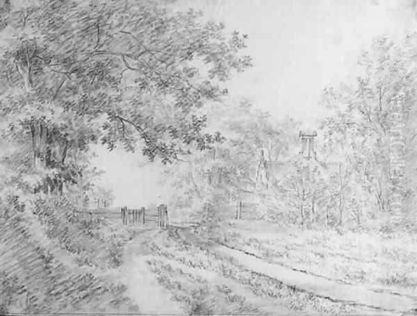 A wooded road with a fence by a house Oil Painting by Jacob Cats