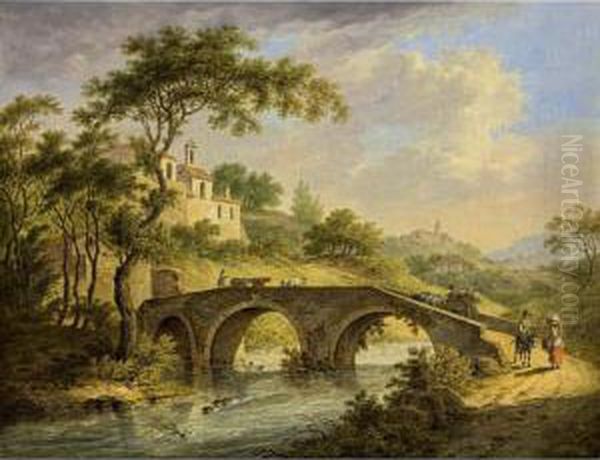 An Italianate Landscape With An 
Ox-drawn Cart And A Shepherd And His Cattle On A Bridge, Other 
Travellers Nearby And A View Of A Walled Town Nearby Oil Painting by Daniel Dupre