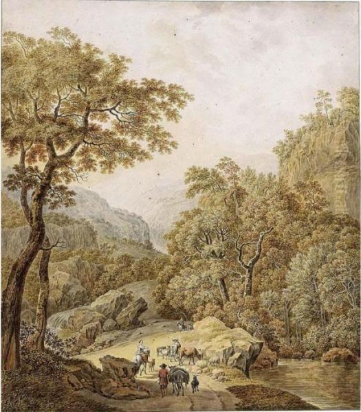 An Extensive Mountainous 
Landscape With Waterfalls And Peasants With Their Flocks On A Path, 
After Jan Hackert Oil Painting by Daniel Dupre