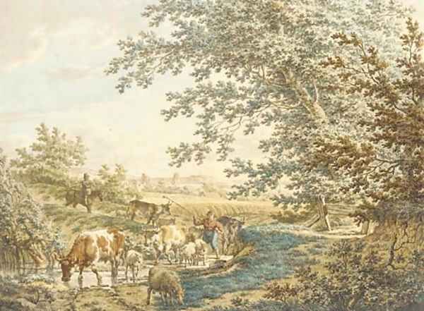 Cattle at a pond in a landscape Oil Painting by Jacob Cats