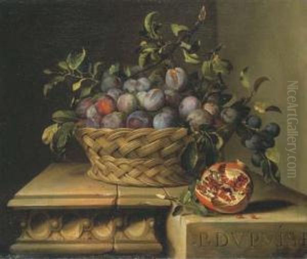 Corbeille De Prunes Et Grenade Sur Un Entablement Sculpte Oil Painting by Pierre Dupuis