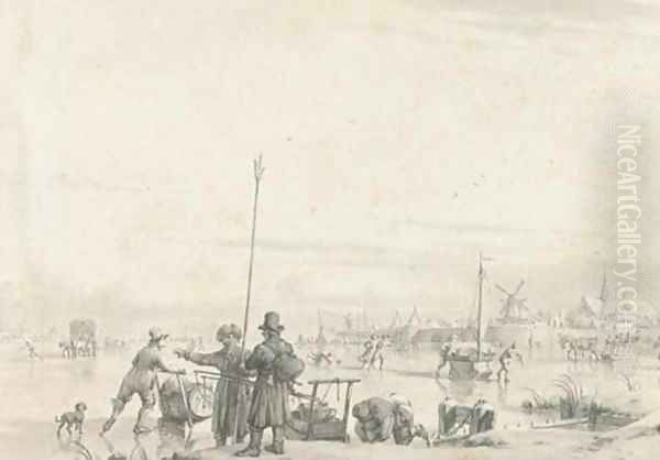 Figures skating and transporting produce on a frozen river, a walled town beyond Oil Painting by Jacob Cats