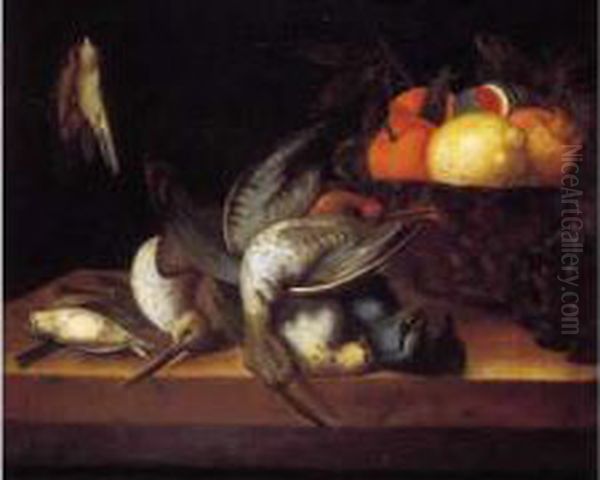 Nature Morte Aux Fruits Et Gibier Sur Un Entablement. Oil Painting by Pierre Dupuis