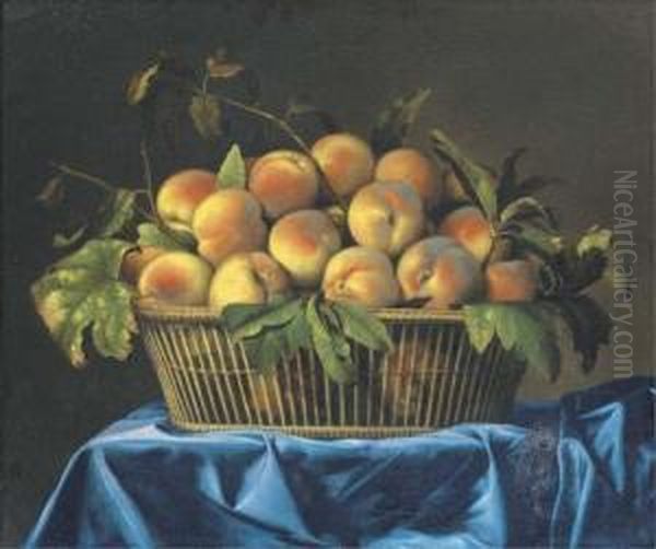 Peaches In A Wicker Basket On A Draped Table Oil Painting by Pierre Dupuis