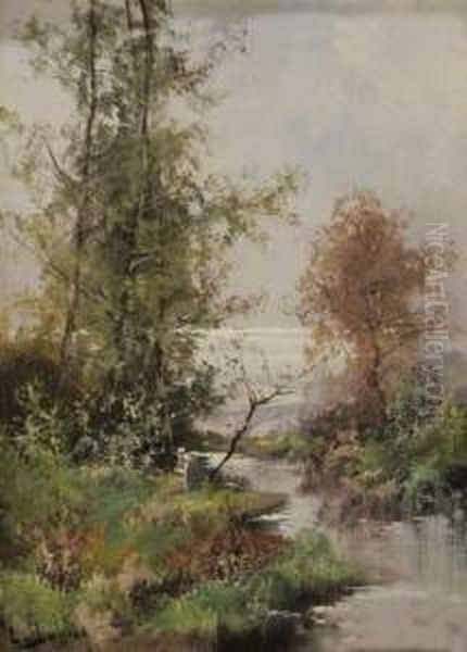 Femme Au Bord D'une Riviere Dans La Foret Oil Painting by Louis Dupuy