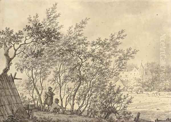 Two figures in a copse watching a bird trap, a castle beyond Oil Painting by Jacob Cats