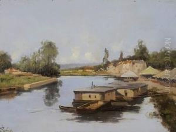 Bateaux-lavoirs Sur La Riviere Oil Painting by Louis Dupuy