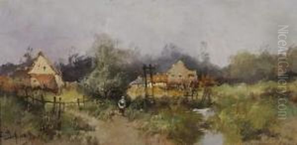 Cour De Ferme Pres D'une Riviere Oil Painting by Louis Dupuy