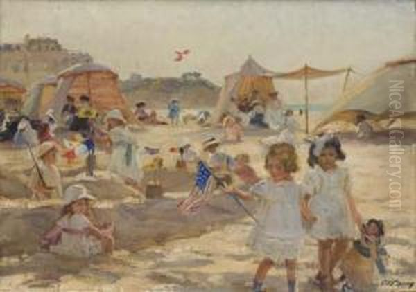 La Jeune Fille Au Drapeau Sur La Grande Plage A Biarritz Oil Painting by Paul Michel Dupuy