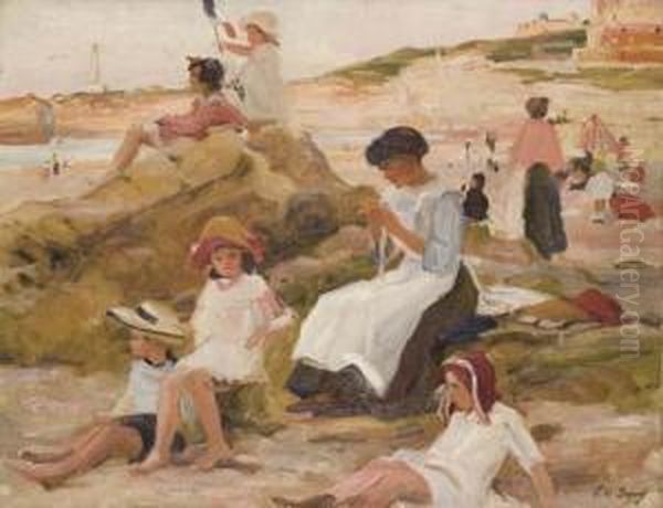 Enfants Jouant Sur La Plage De Biarritz Oil Painting by Paul Michel Dupuy