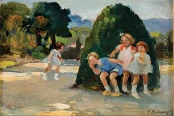 Children Playing In The Luxembourg Gardens Oil Painting by Paul Michel Dupuy