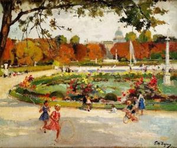 Enfants Jouant Au Jardin De Luxembourg, Circa 1920 Oil Painting by Paul Michel Dupuy