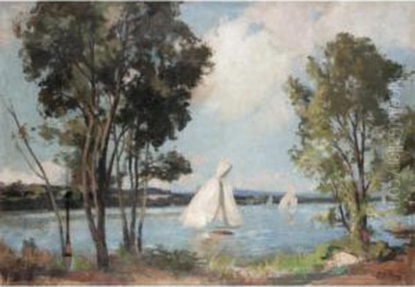 Sailing Boats On Estuary Oil Painting by Paul Michel Dupuy