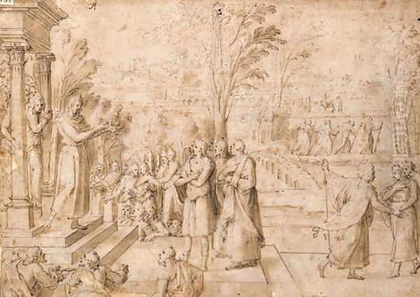 Figures imploring a Priest on the Steps of a Temple Oil Painting by Antoine Caron