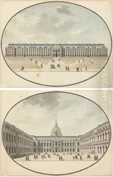 L'hotel Des Invalides Du Cote De La Seine; Et La Cour De L'hoteldes Invalides Oil Painting by Jean Nicolas Louis Durand