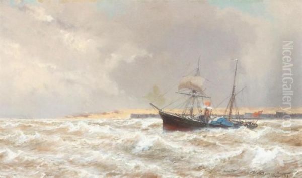 Steamer Near The Shore Oil Painting by Jean Baptiste Henri Durand-Brager