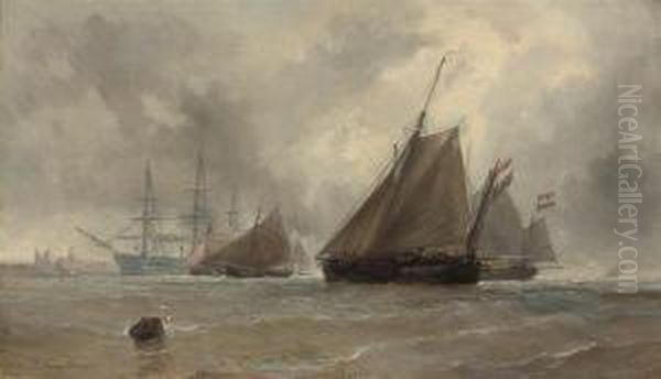 Dutch Barges Running Inshore Oil Painting by Jean Baptiste Henri Durand-Brager