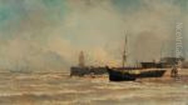 Marine Et Phare (1877) Oil Painting by Jean Baptiste Henri Durand-Brager