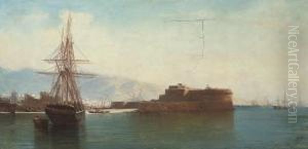 Traders Anchored Off A North African Port Oil Painting by Jean Baptiste Henri Durand-Brager