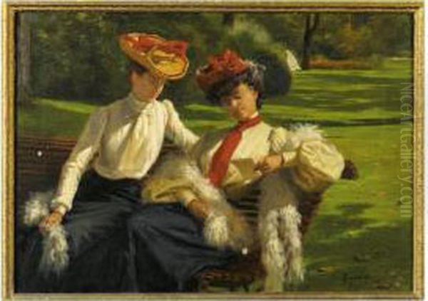 Deux Jeunes Femmes Lisant Une Lettre Sur Un Banc Oil Painting by Fortunato Duranti