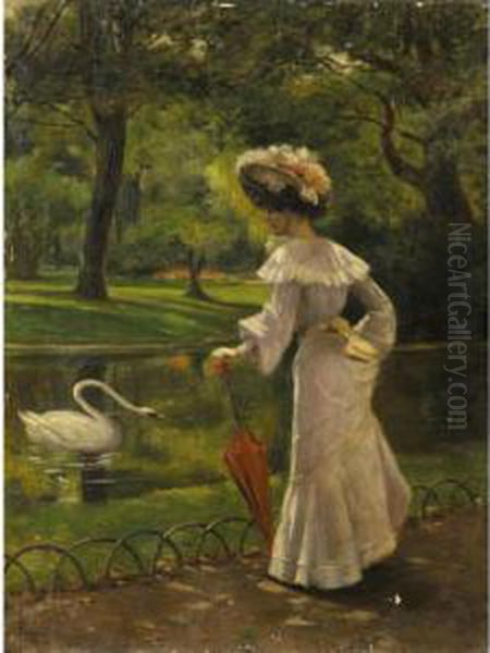 Jeune Femme Regardant Un Cygne Oil Painting by Fortunato Duranti