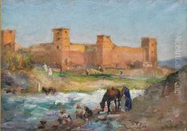 Femmes Lavant Leur Linge Devant La Kasbah Oil Painting by Gaston Jules L. Durel