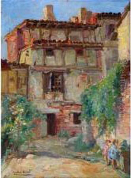 Enfants Jouant Pres De La Maison . Oil Painting by Gaston Jules L. Durel