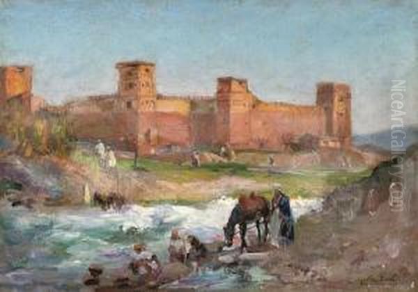 Washerwomen Outside The Walls Of A Moroccan Town Oil Painting by Gaston Jules L. Durel