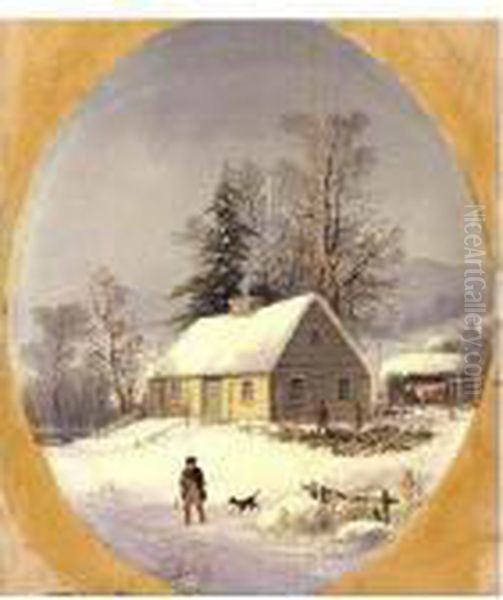 Chopping Wood In A Winter Farmyard Oil Painting by George Henry Durrie