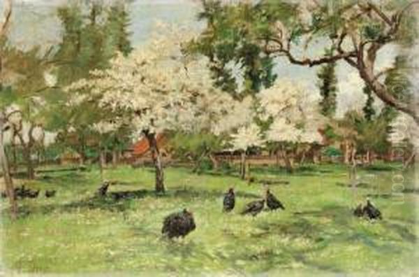 Turkeys In A Spring Grove Oil Painting by Auguste Durst