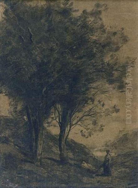 Paysanne En Foret De Fontainebleau Oil Painting by Constant Dutilleux