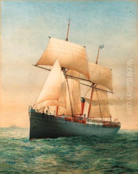 A British Passenger Liner At Sea Under Sail And Steam Oil Painting by Thomas Goldsworth Dutton