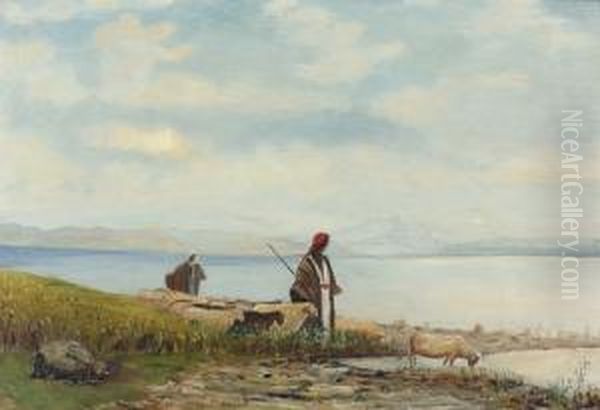 Arabische Hirten Mit Schafen Am See. Oil Painting by Etienne Duval