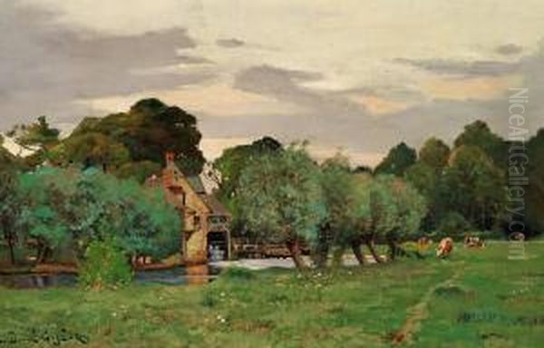 French Summer Landscape With A Water Mill Oil Painting by Leon Duval-Gozlan