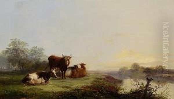 Cattle By The River Gipping Oil Painting by J. Duvall