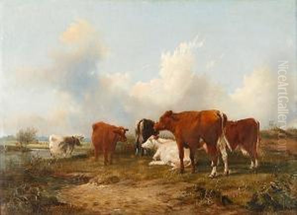 Cattle By A River Oil Painting by J. Duvall