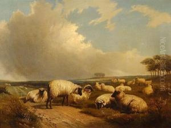 Sheep In An Extensive Landscape Oil Painting by J. Duvall