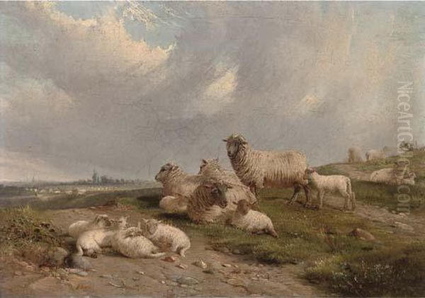 Sheep And Lambs On A Hillside Oil Painting by J. Duvall